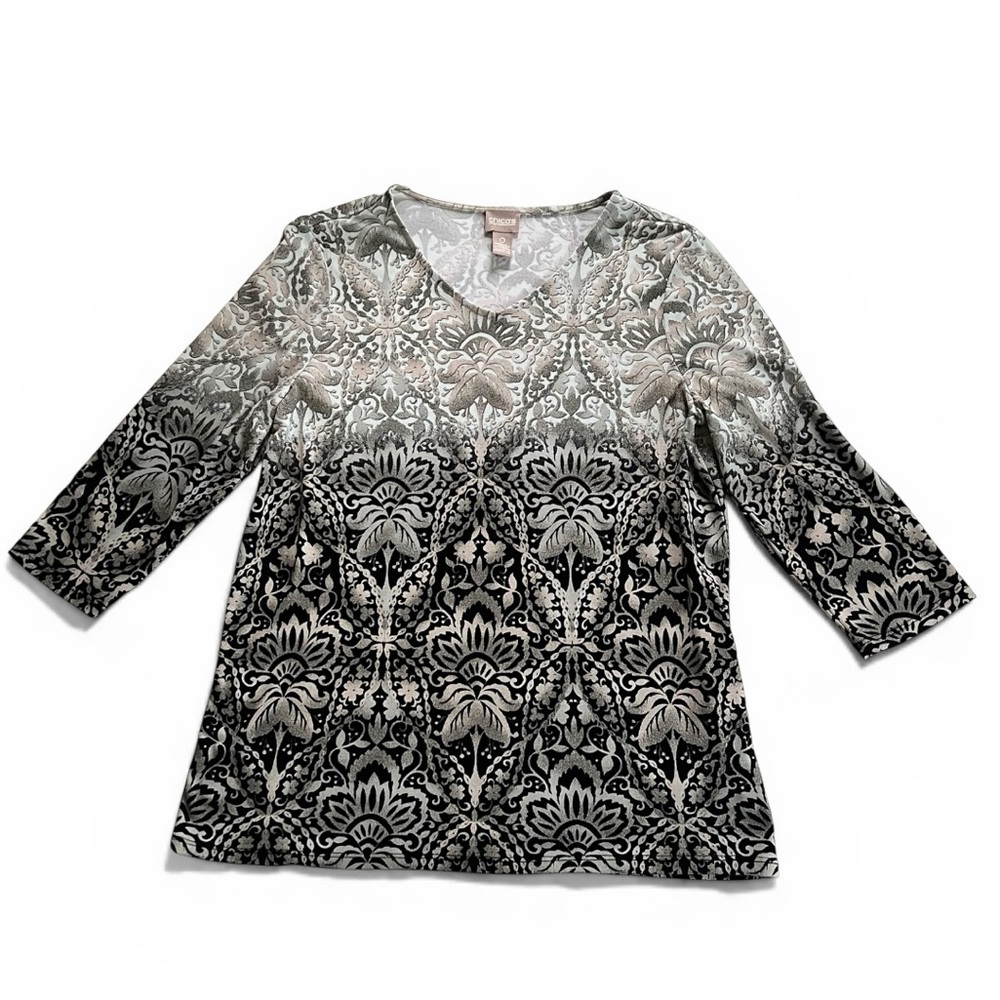 Chico's Gray and Black Floral Patterned Women’s 3/4 Sleeves Top -0 (S)